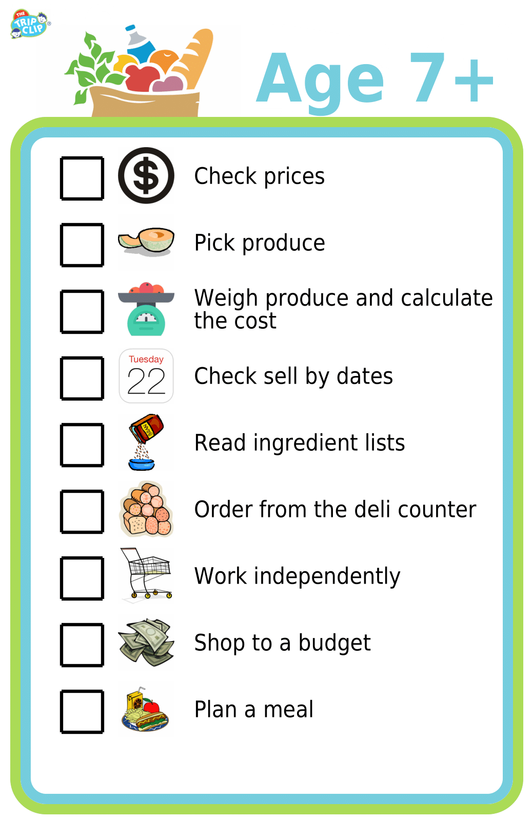Picture checklist showing learning opportunities at the grocery store for kids 7 and up