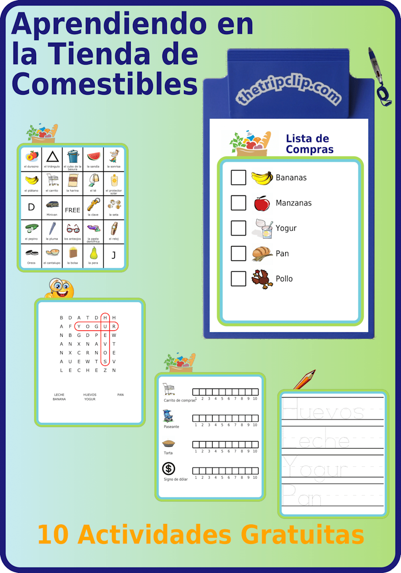 Ten free printables in Spanish to survive the grocery store, picture list, bingo, word search, more