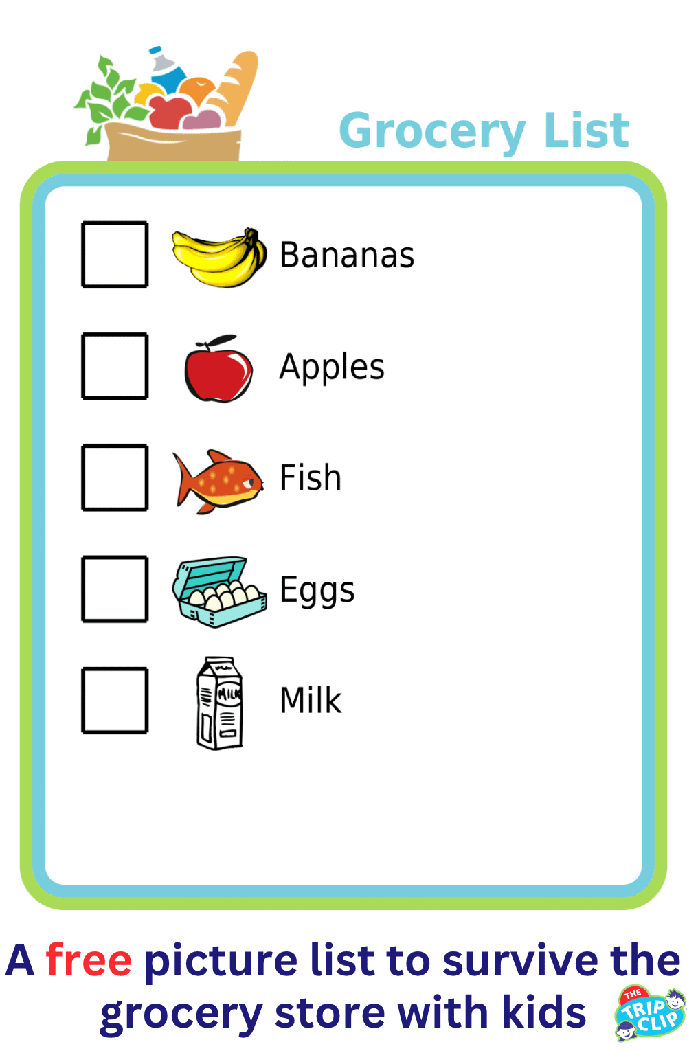 Picture grocery shopping list: bananas, apples, fish, eggs, milk