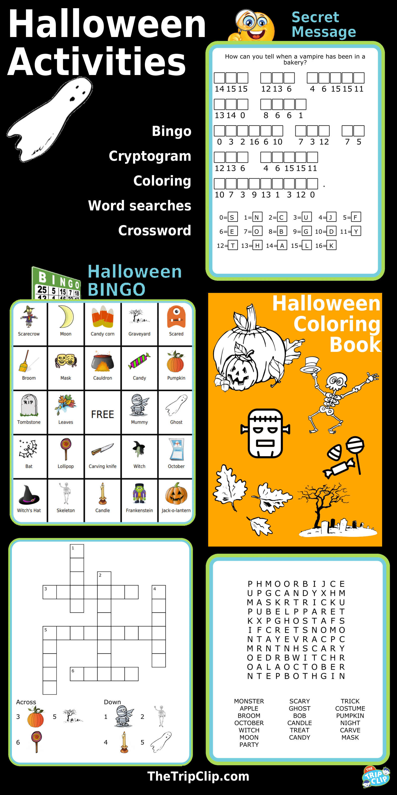 Halloween activities including coloring, word search, secret message, crossword puzzle, and BINGOs