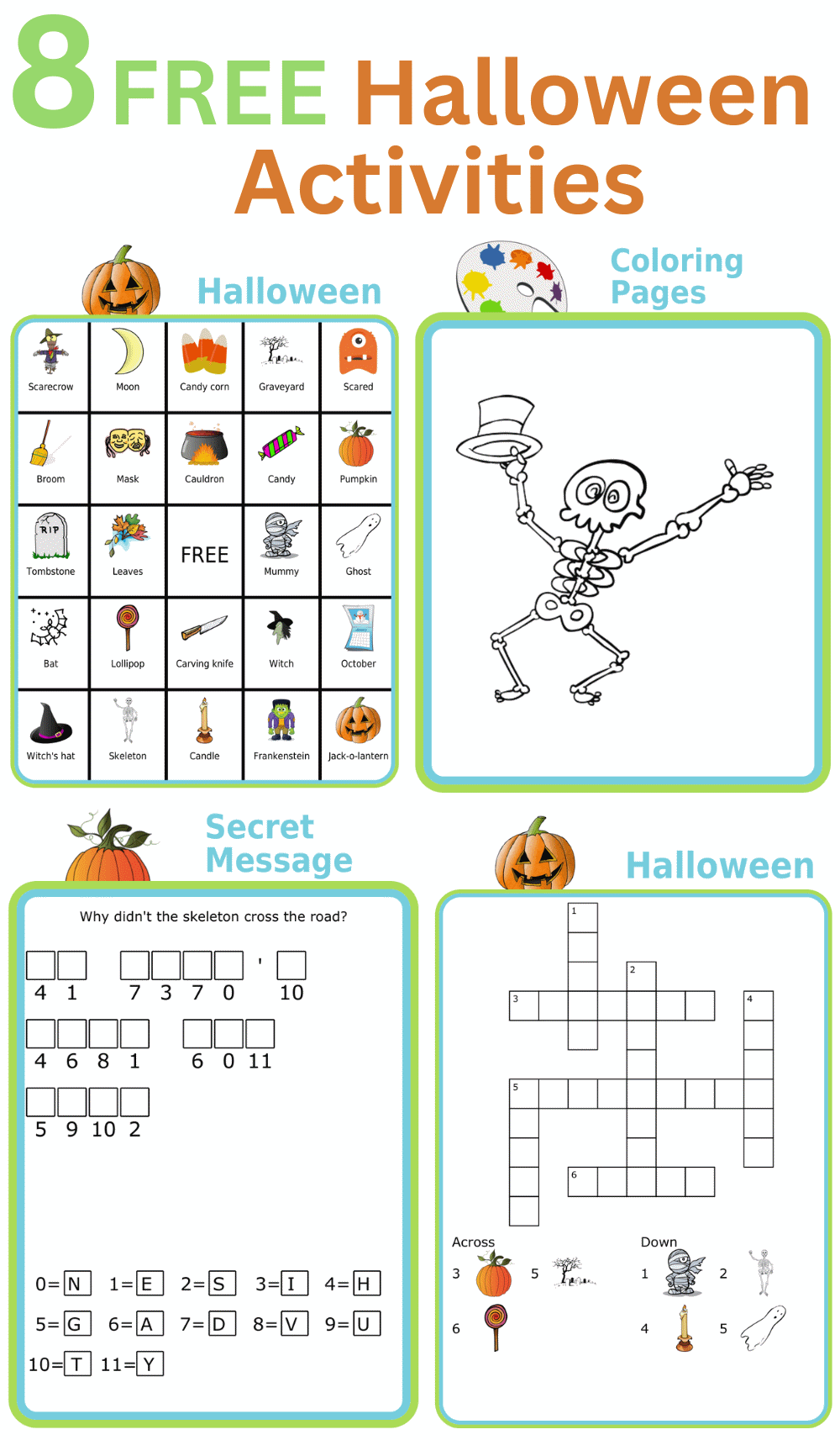 Halloween activities including bingo, coloring, secret message, & crossword puzzle