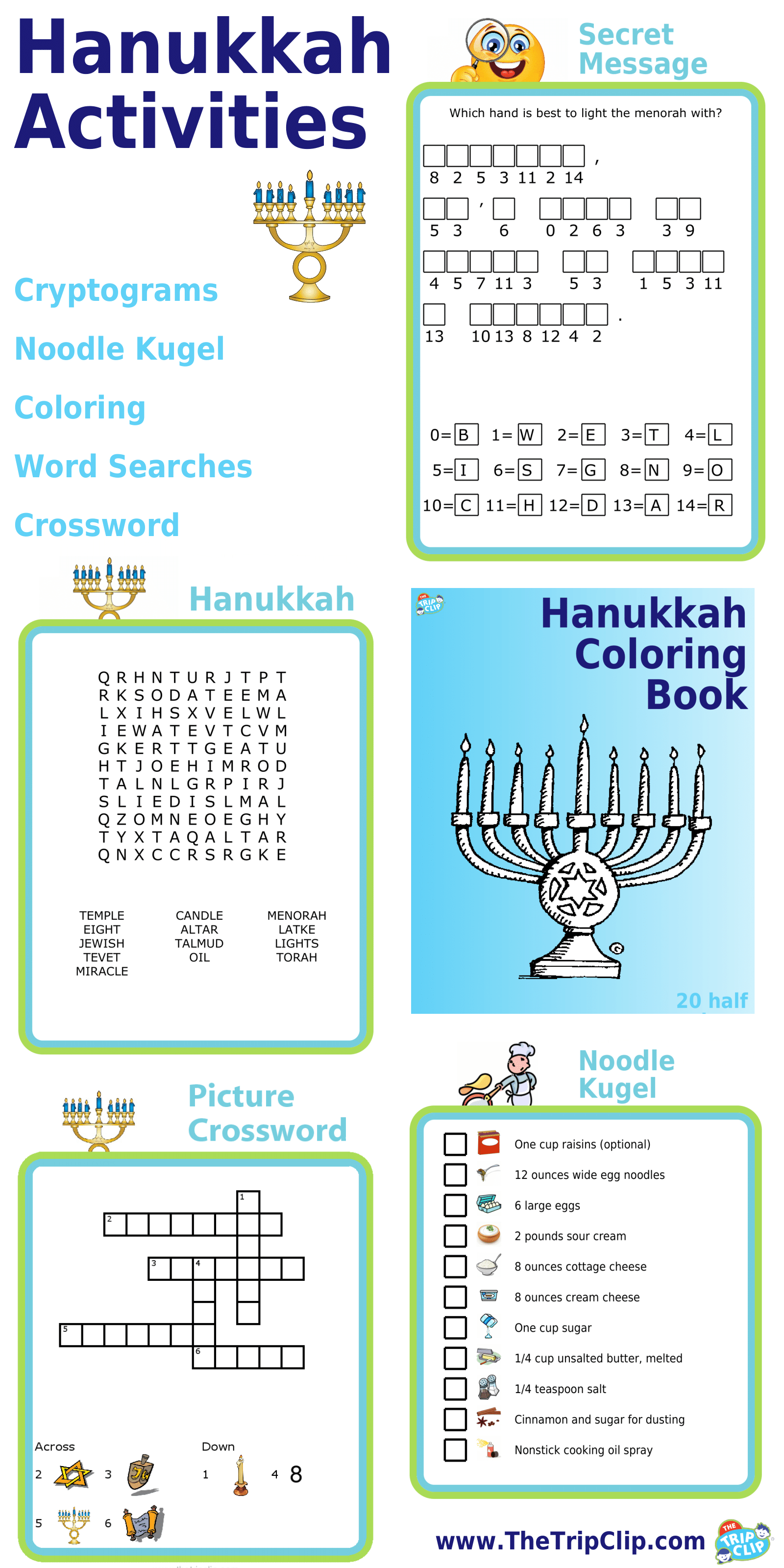Hanukkah activities including coloring, word search, secret message, and crossword puzzles
