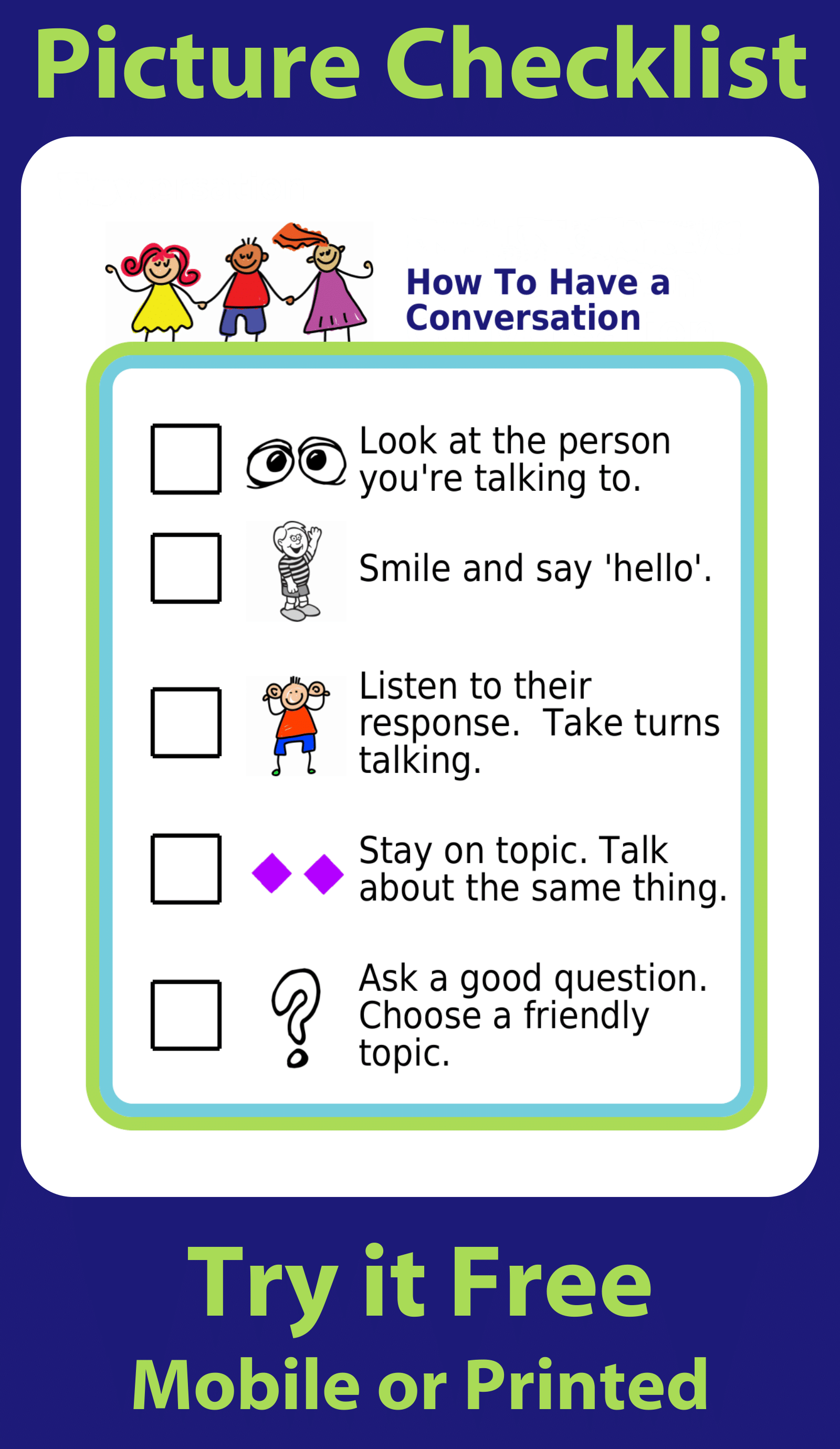 Picture checklists explaining how to have a conversation