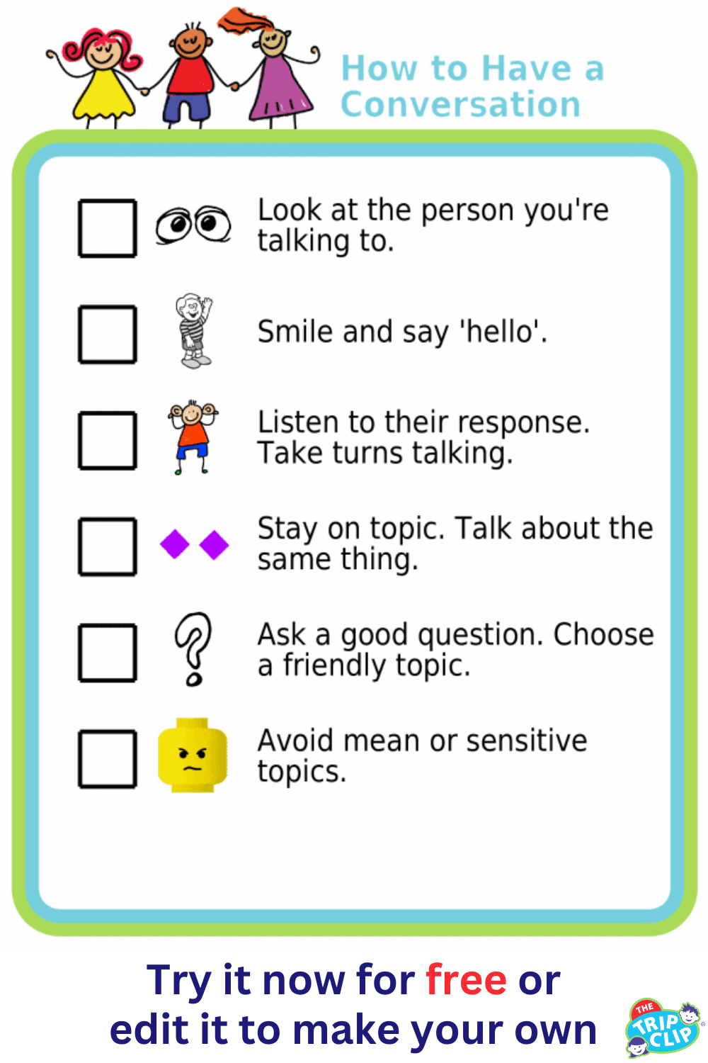 Picture checklists explaining how to have a conversation