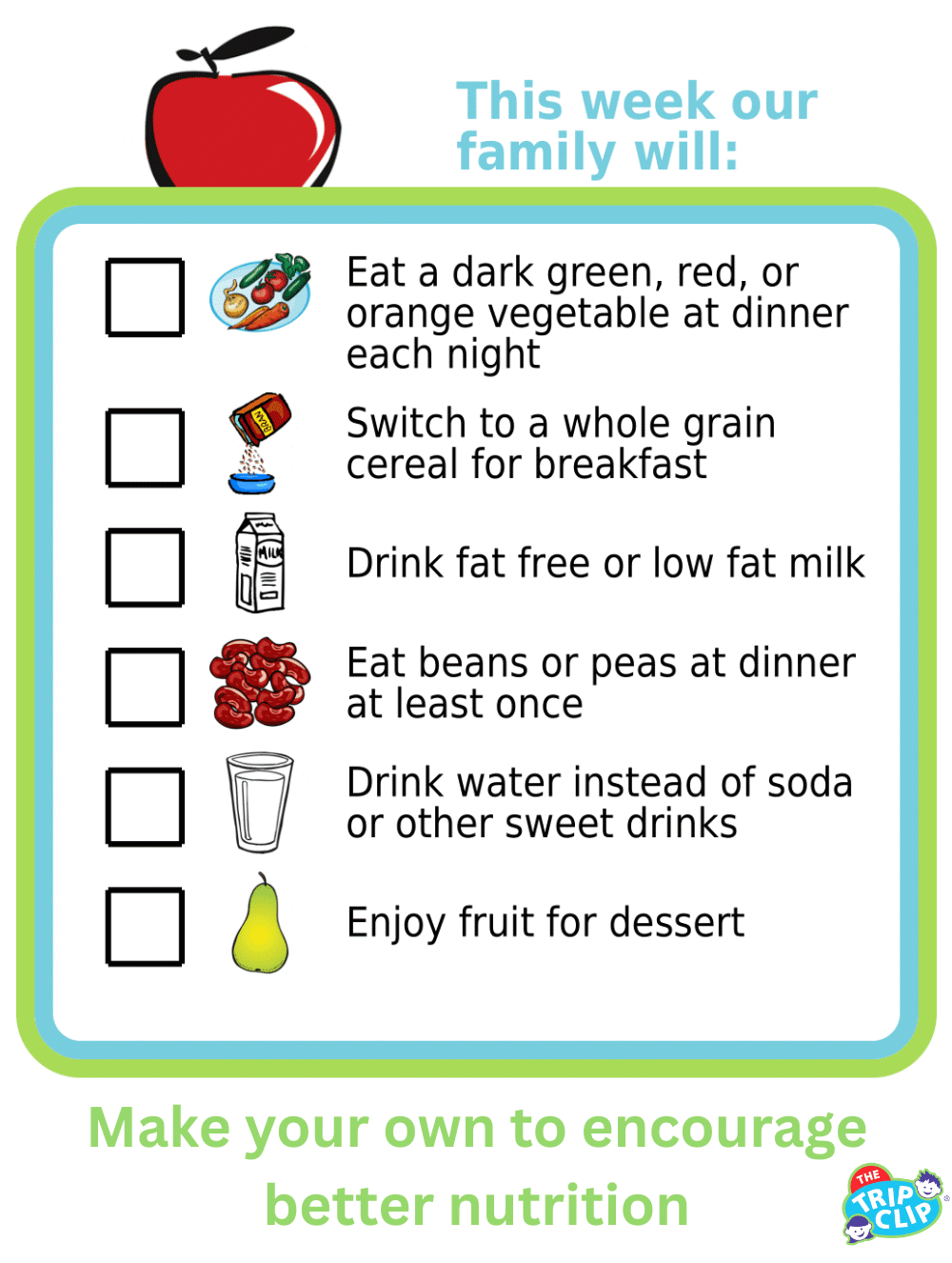 Picture checklist with healthy eating ideas for your family