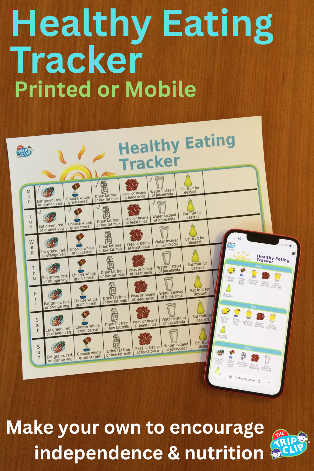 Picture checklist withs a week of healthy eating goals, shown printed and on an iPhone