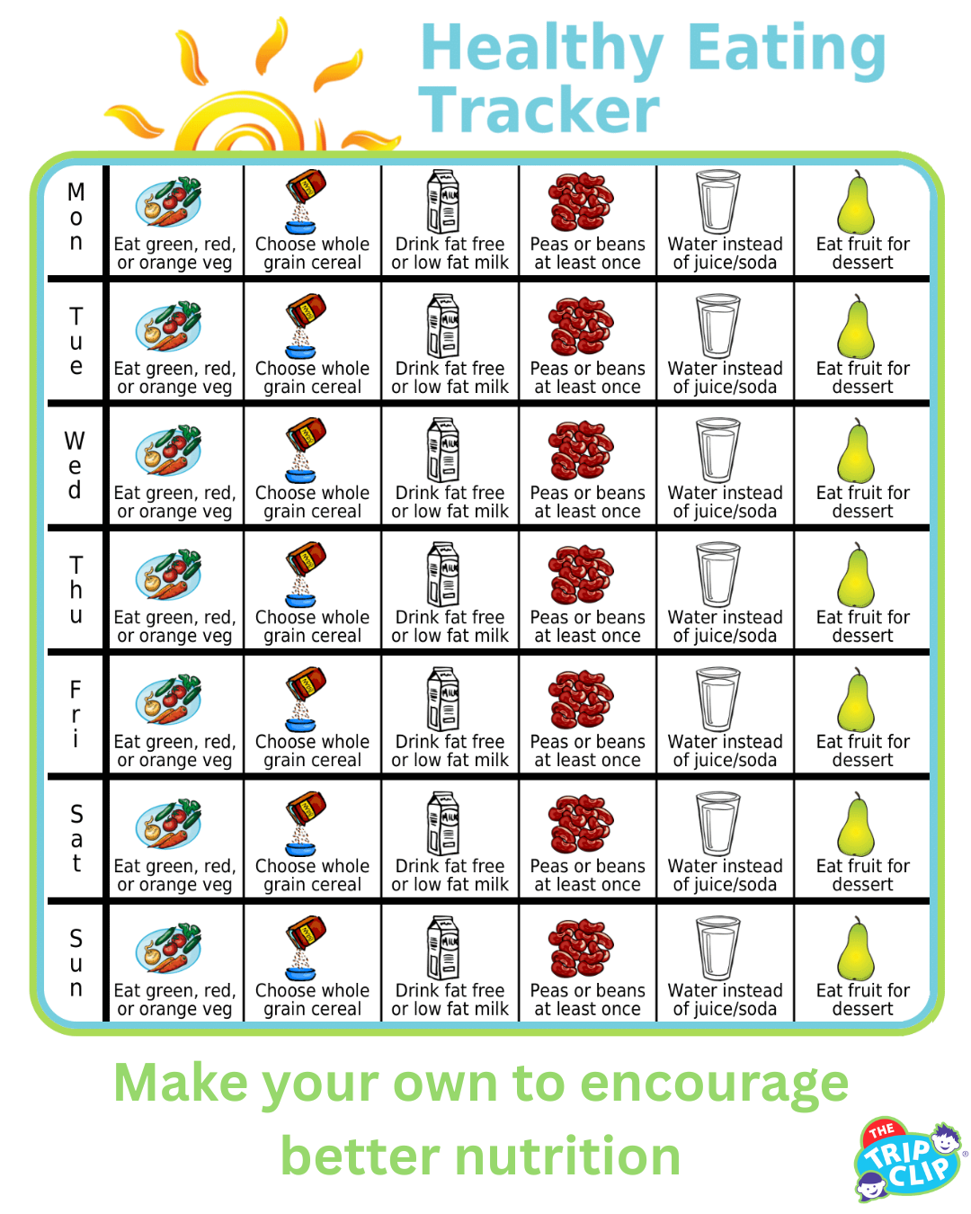 Picture checklist with a week of healthy eating goals