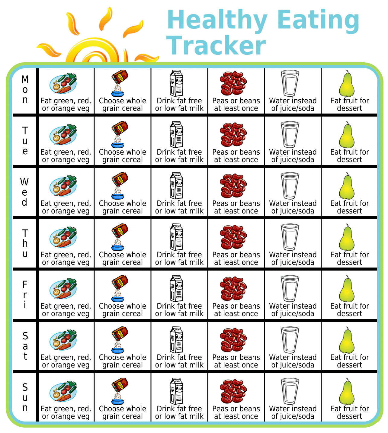 Picture checklist with a week of healthy eating goals