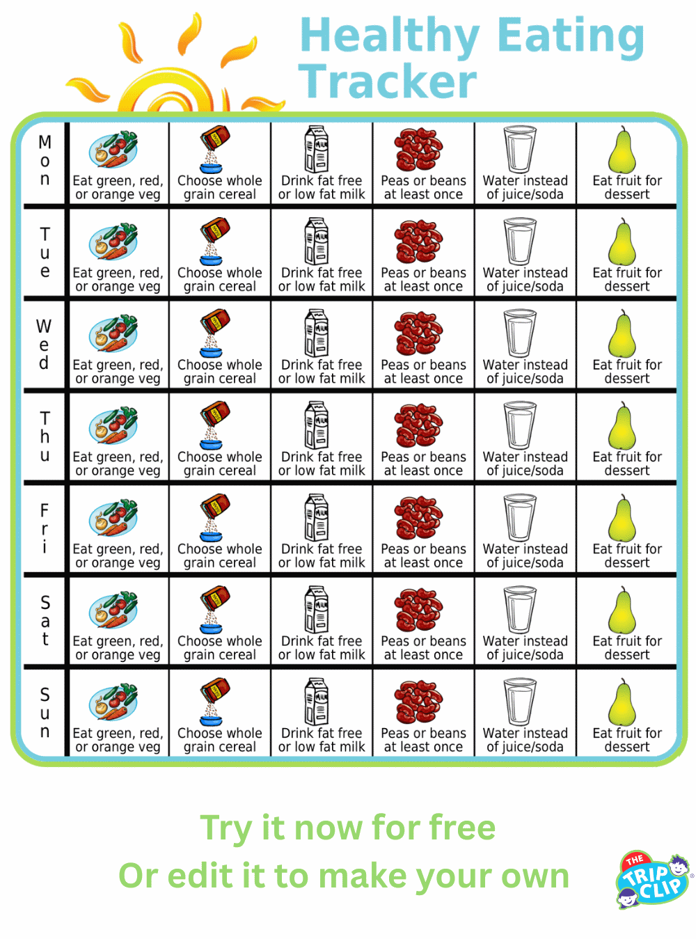 Picture checklist with a week of healthy eating goals
