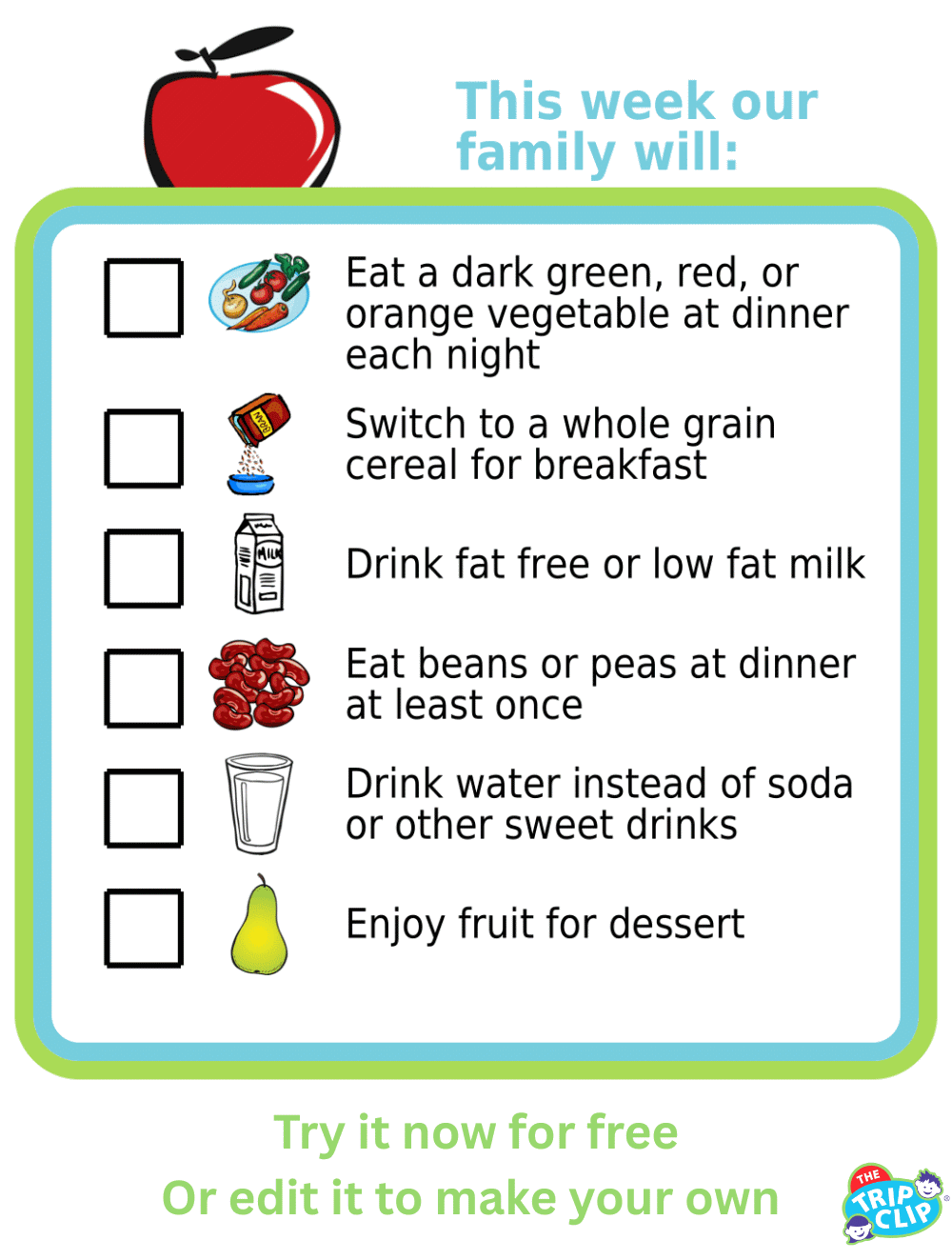 Picture checklist with healthy eating ideas for your family