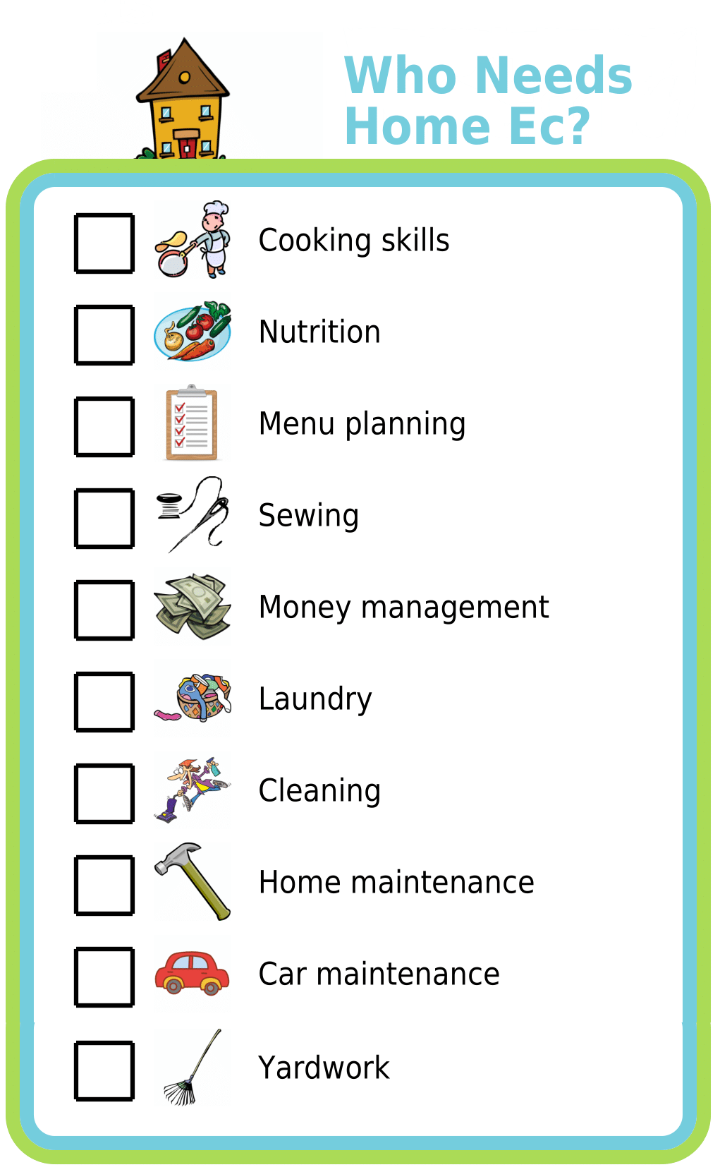 List with pictures of life skills kids can learn at home