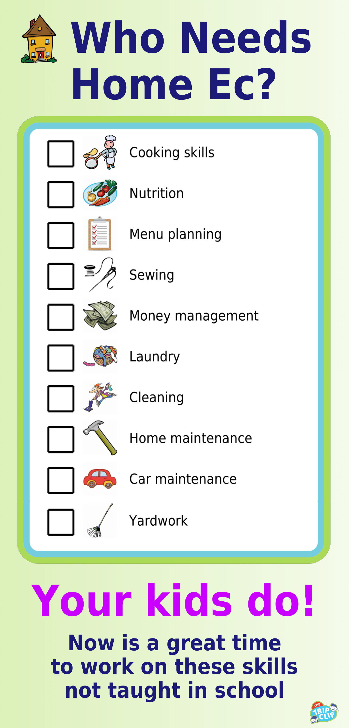 List with pictures of life skills kids can learn at home