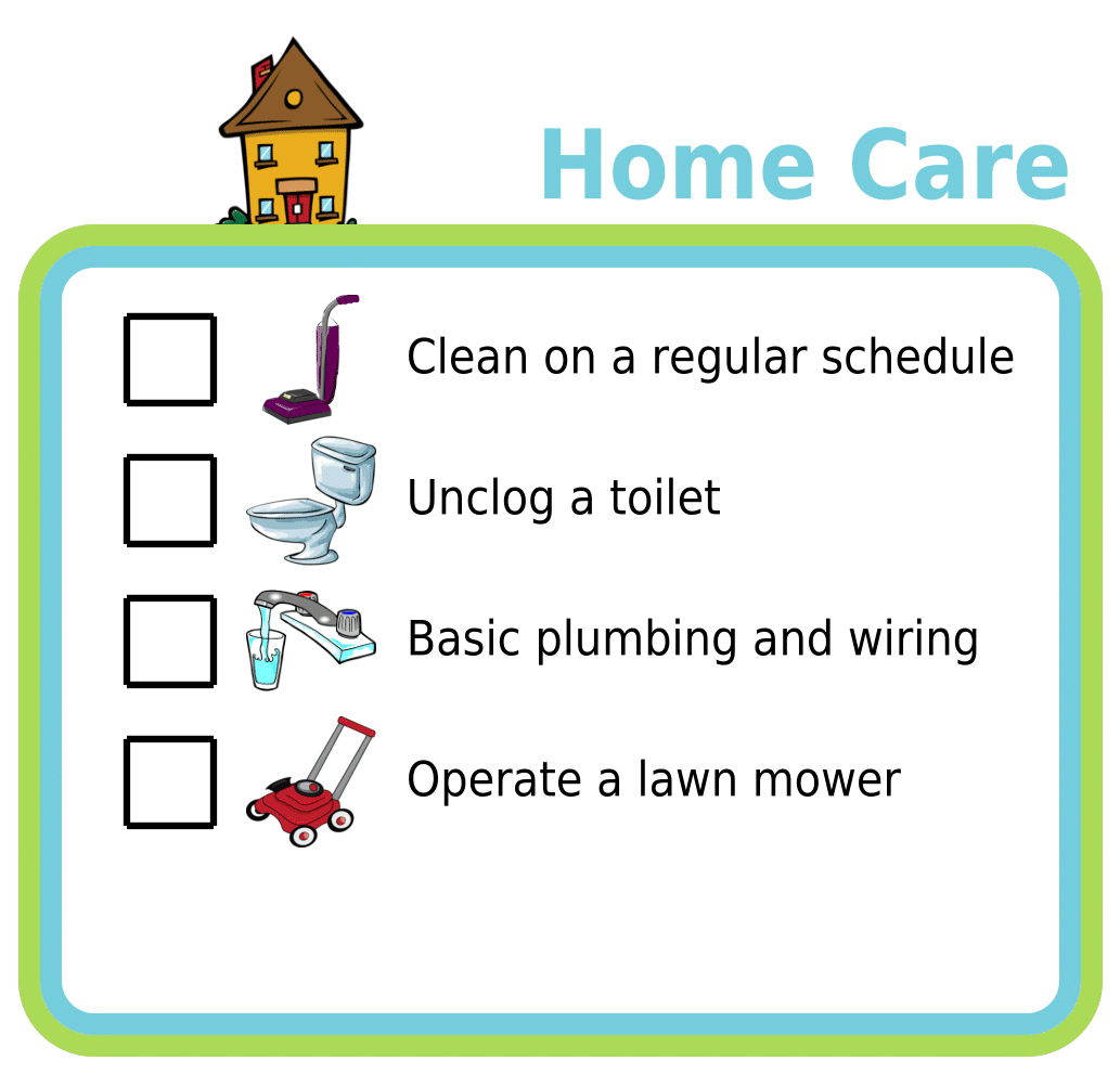 Picture checklists showing 4 home care skills for 18-year-olds
