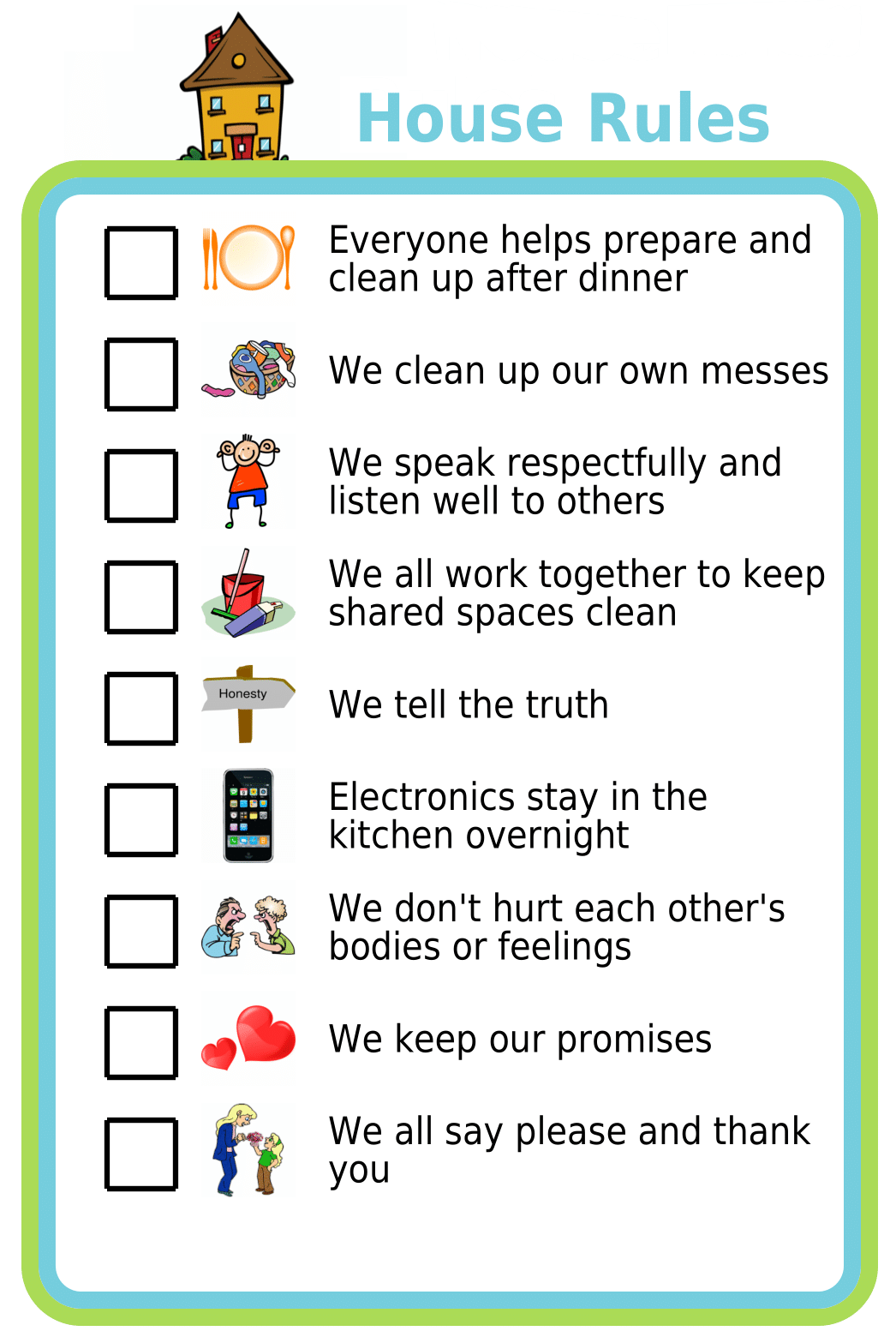 Picture checklist of family house rules