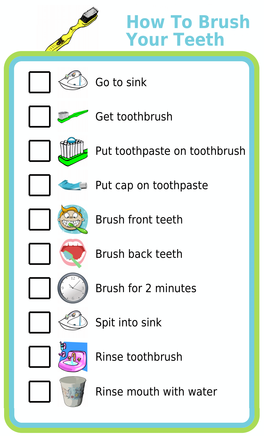 Picture checklist showing the steps for how to brush teeth
