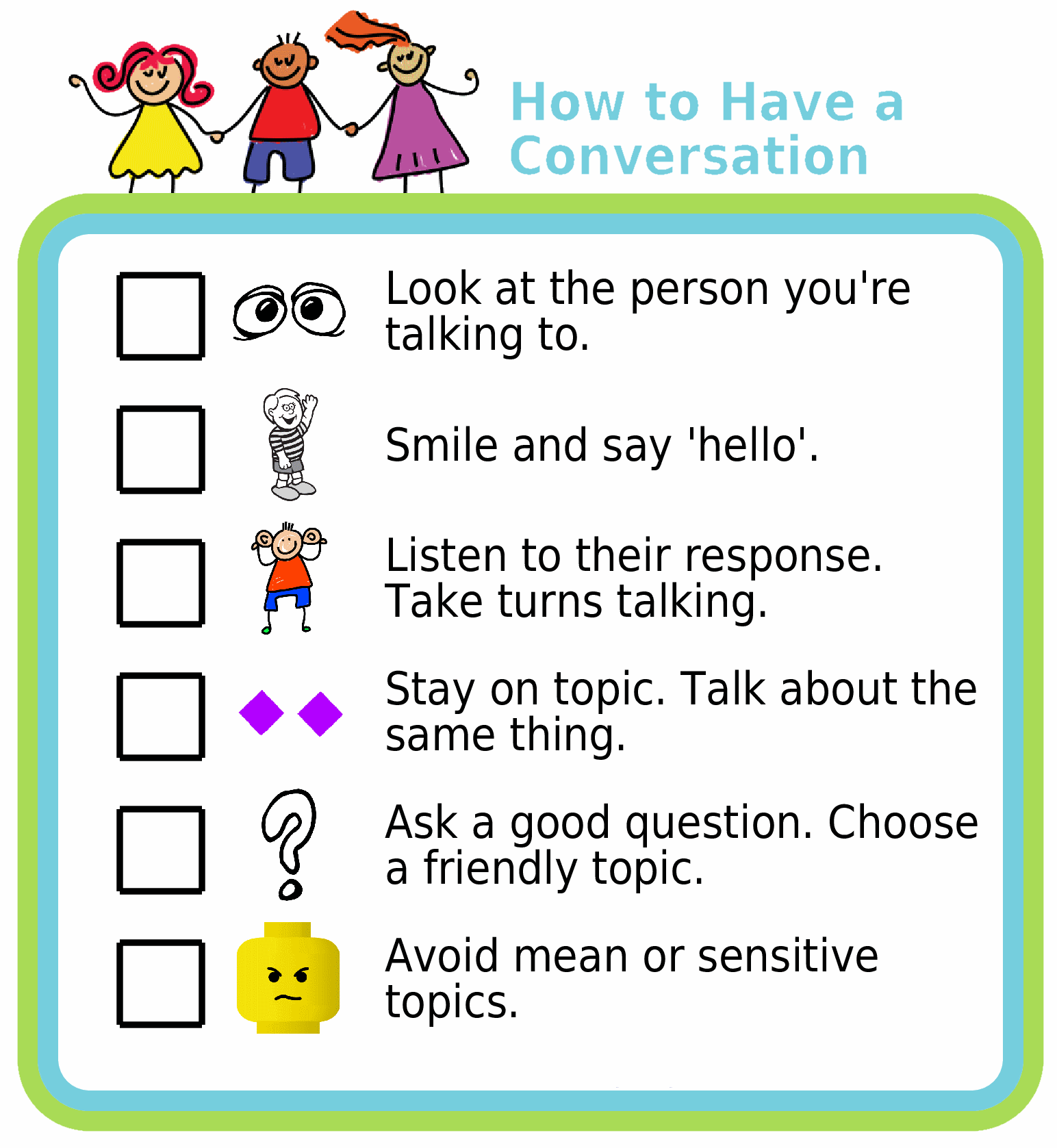 Picture checklists explaining how to have a conversation