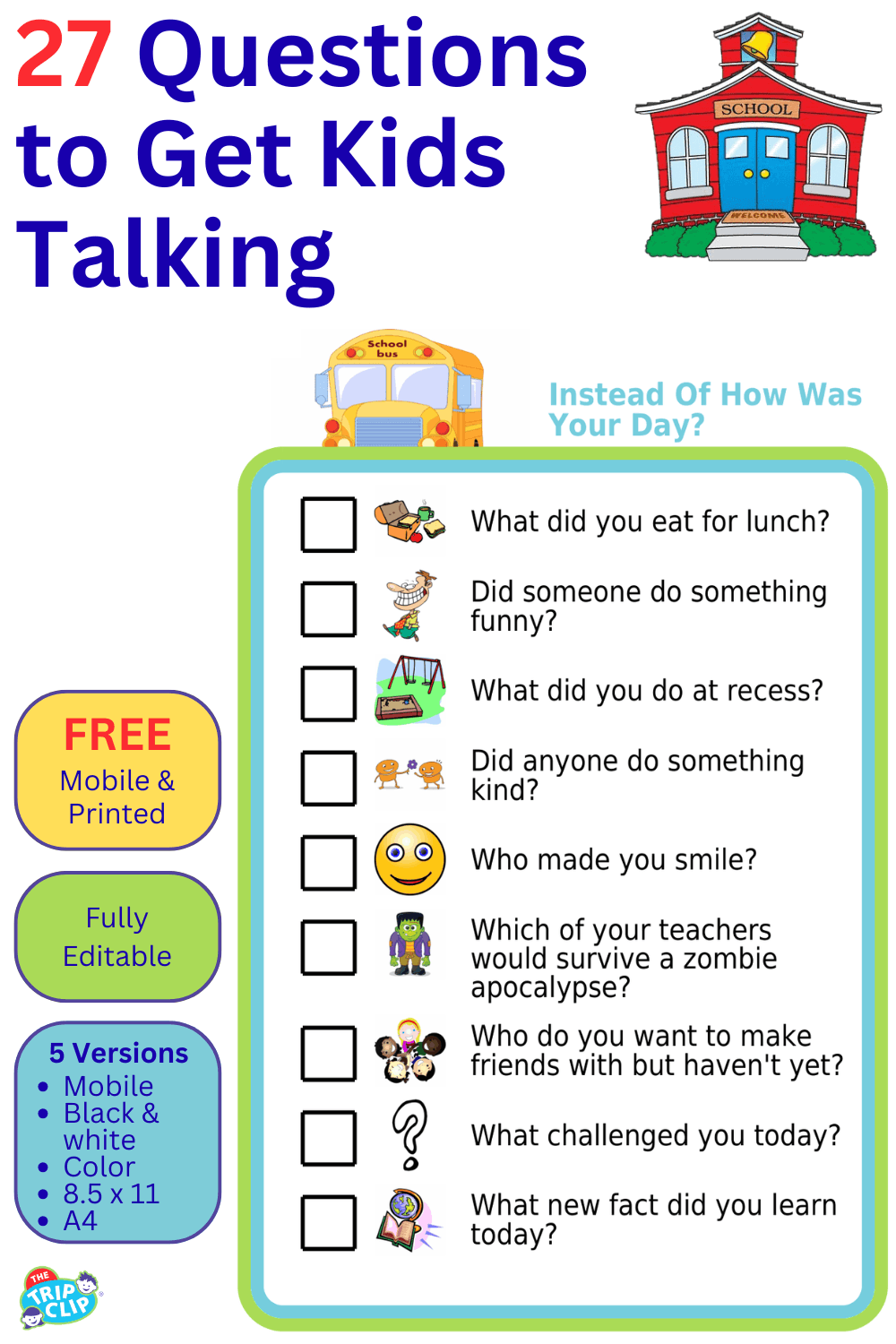 Picture checklist with ideas of what to ask instead of 'how was your day?'