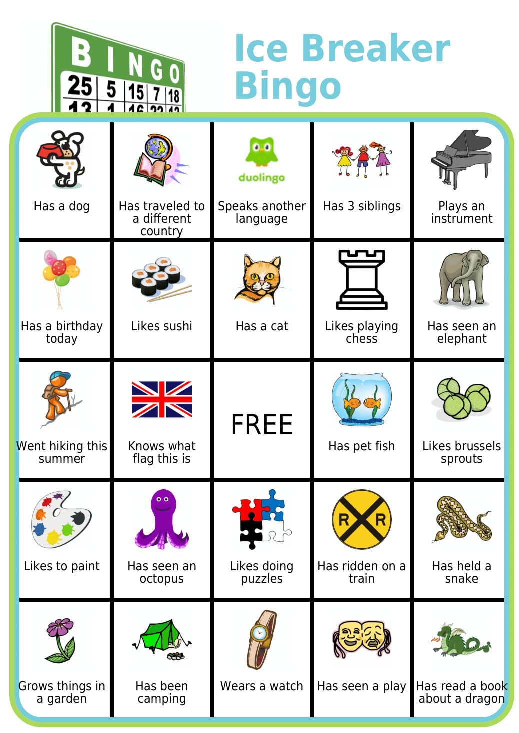 BINGO board called 'Ice Breaker BINGO' with traits and characteristics kids might have