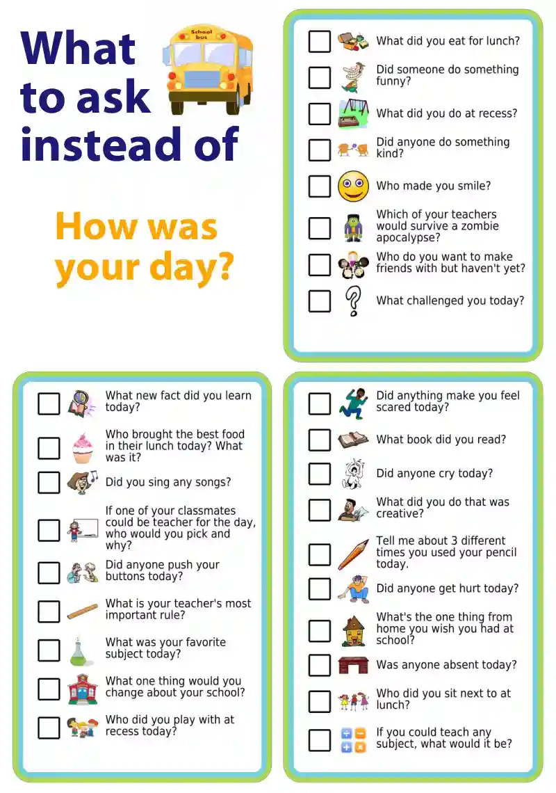 Picture checklist with ideas of what to ask instead of 'how was your day?'
