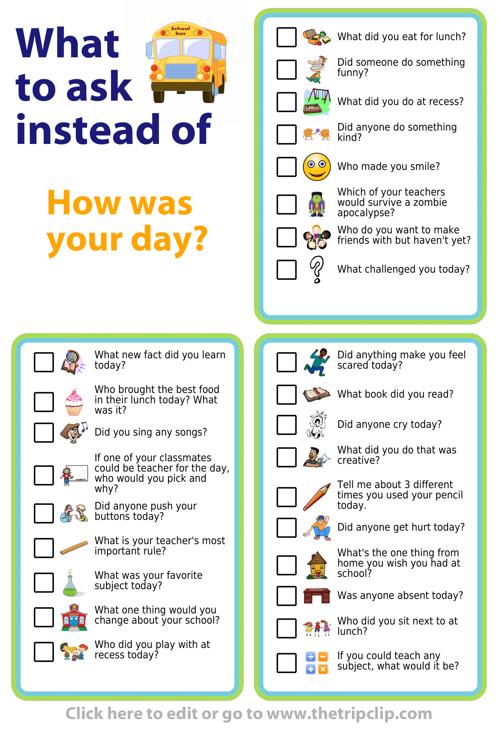 Picture checklist with ideas of what to ask instead of 'how was your day?'