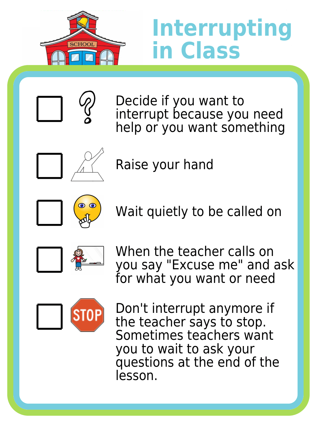 Picture checklist show how to politely interrupt a conversations