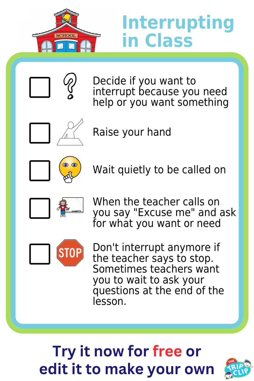 Picture checklist showing how to politely interrupt a conversation