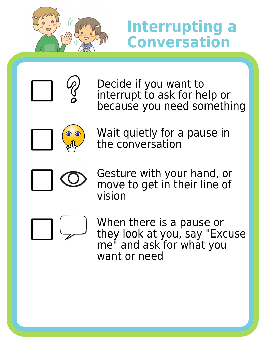 Picture checklist show how to politely interrupt a conversations