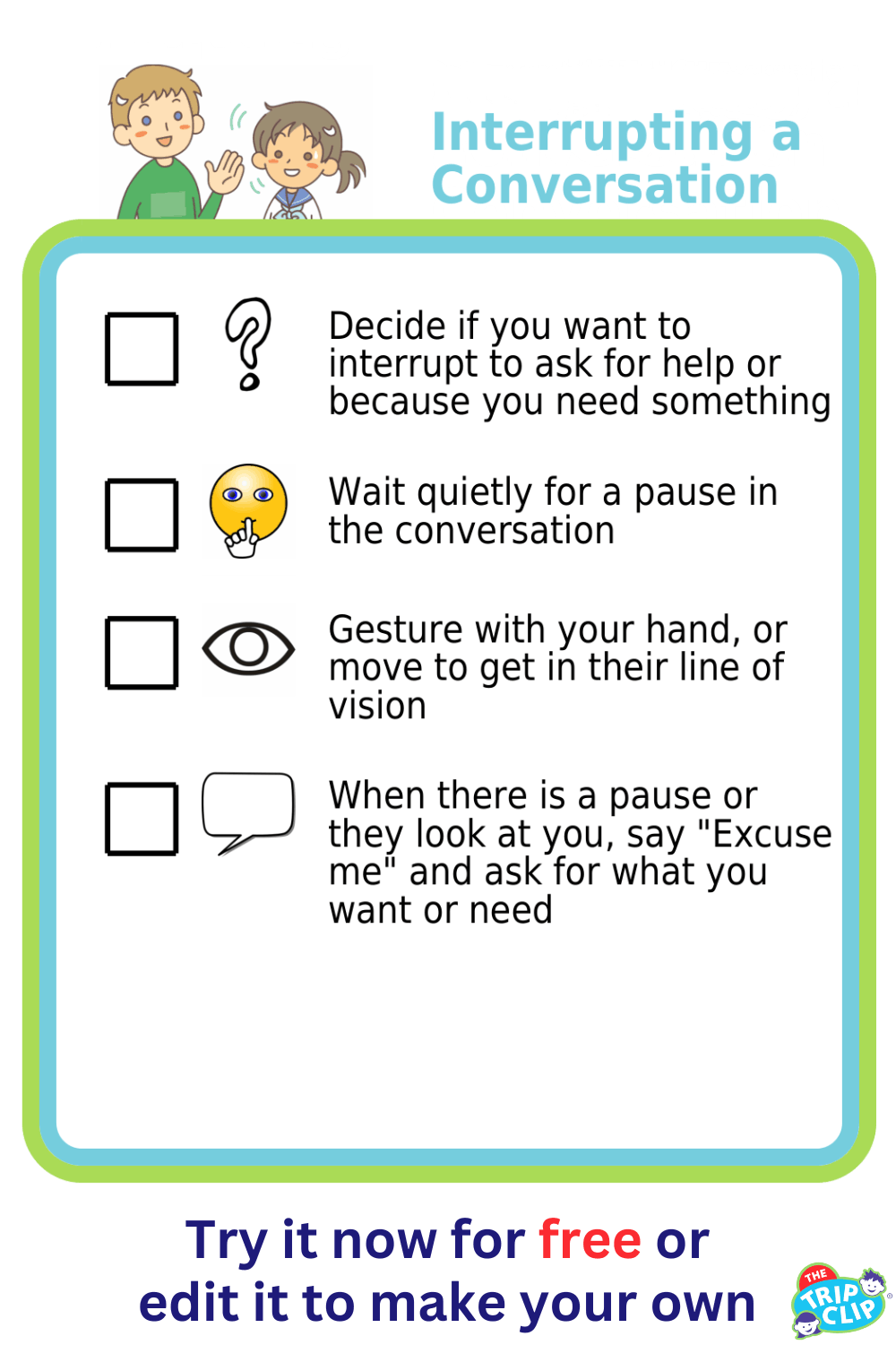 Picture checklist showing how to politely interrupt a conversations