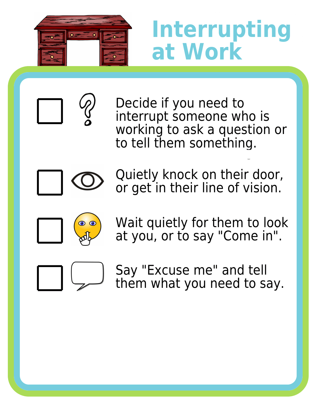 Picture checklist show how to politely interrupt a conversations