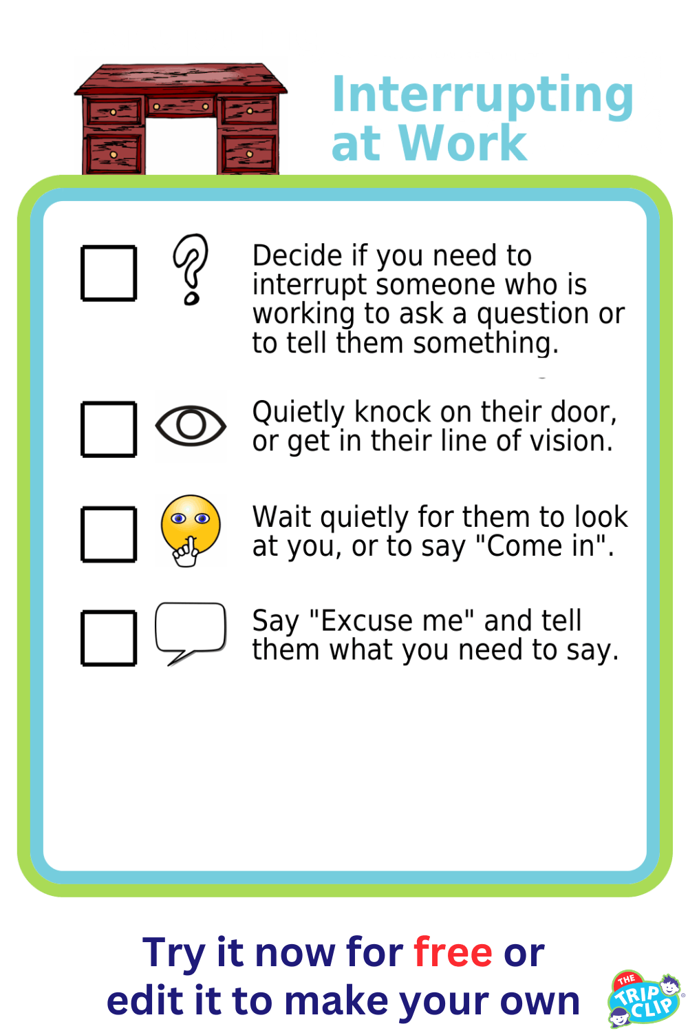 Picture checklist showing how to politely interrupt a conversation at work