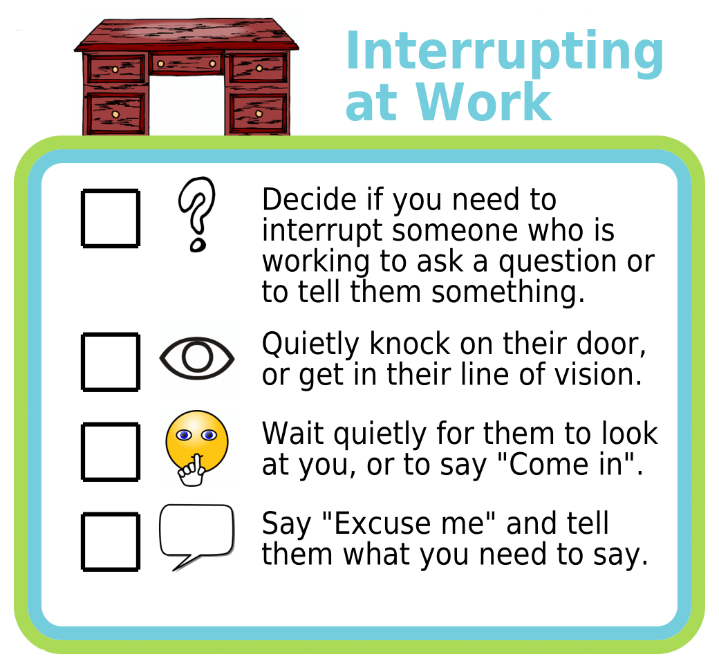 Picture checklist show how to politely interrupt a conversations