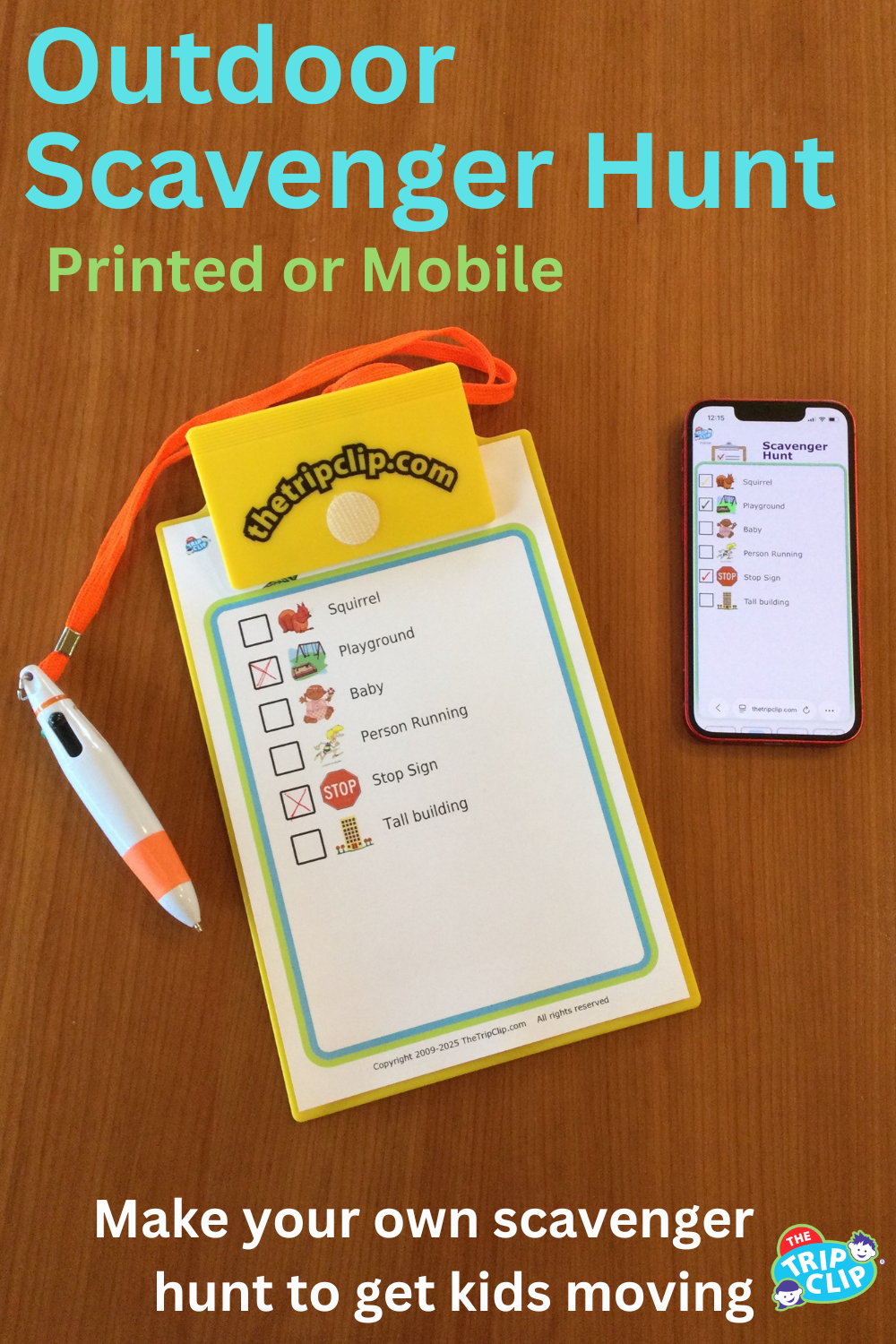 Picture checklists things for kids to find on walking scavenger hunt, shown on clipboard and iPhone