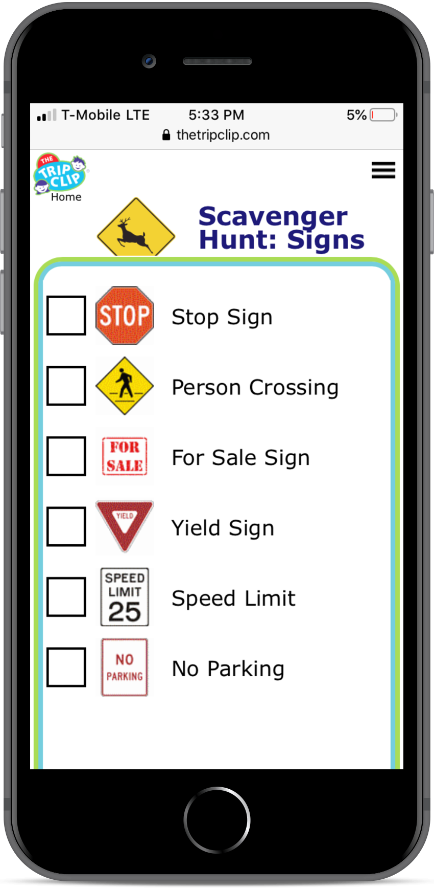Picture checklist of signs for kids to find on walking scavenger hunt
