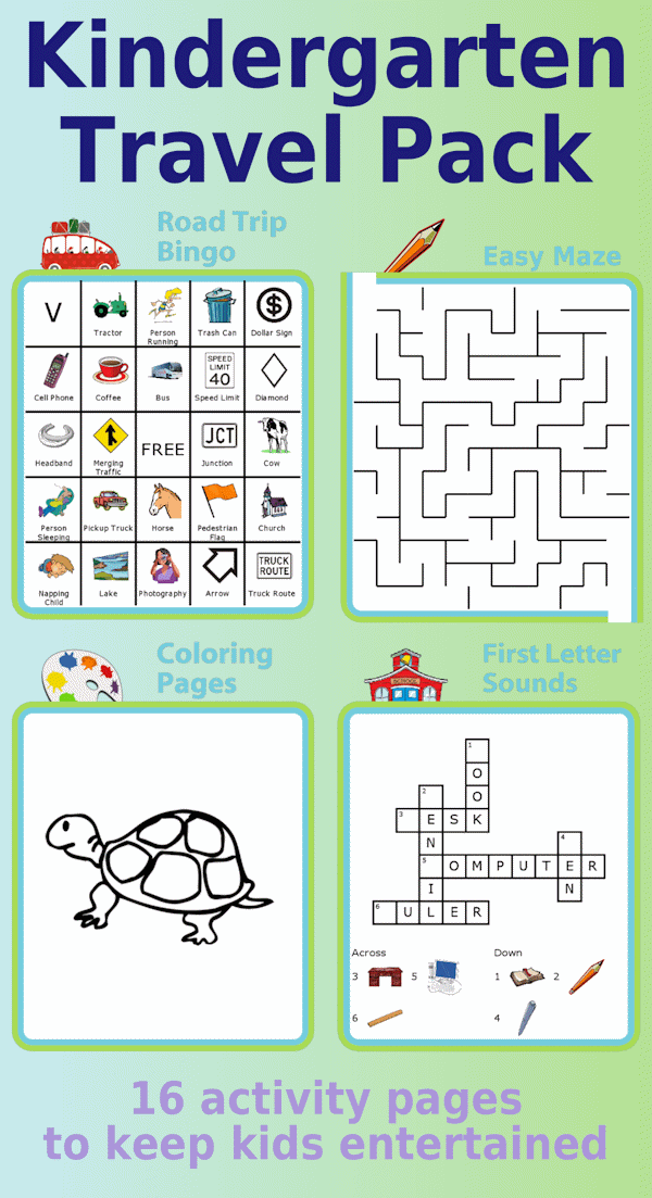 Kindergarten Travel Pack: road trip bingo, maze, coloring page, crossword puzzle