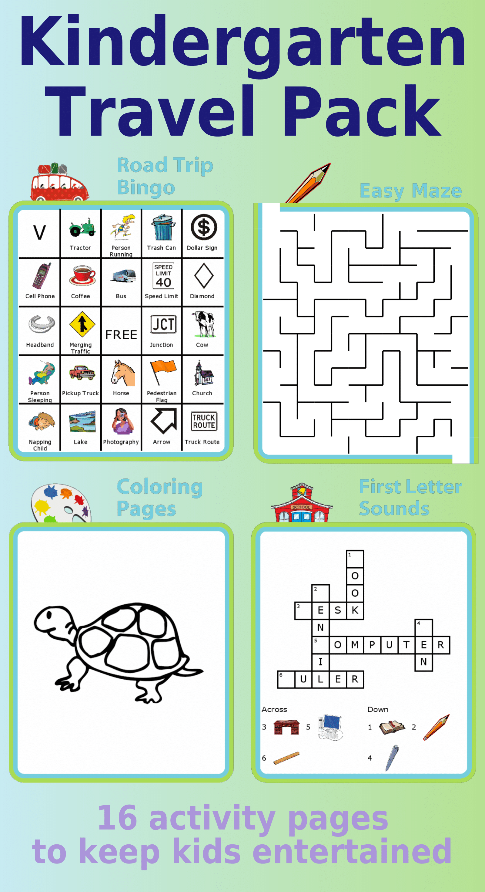 Kindergarten Travel Pack: road trip bingo, maze, coloring page, crossword puzzle