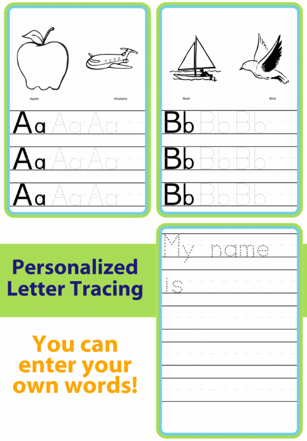 Trace letters A and B, pictures of apple, airplane, boat, bird, or your own name