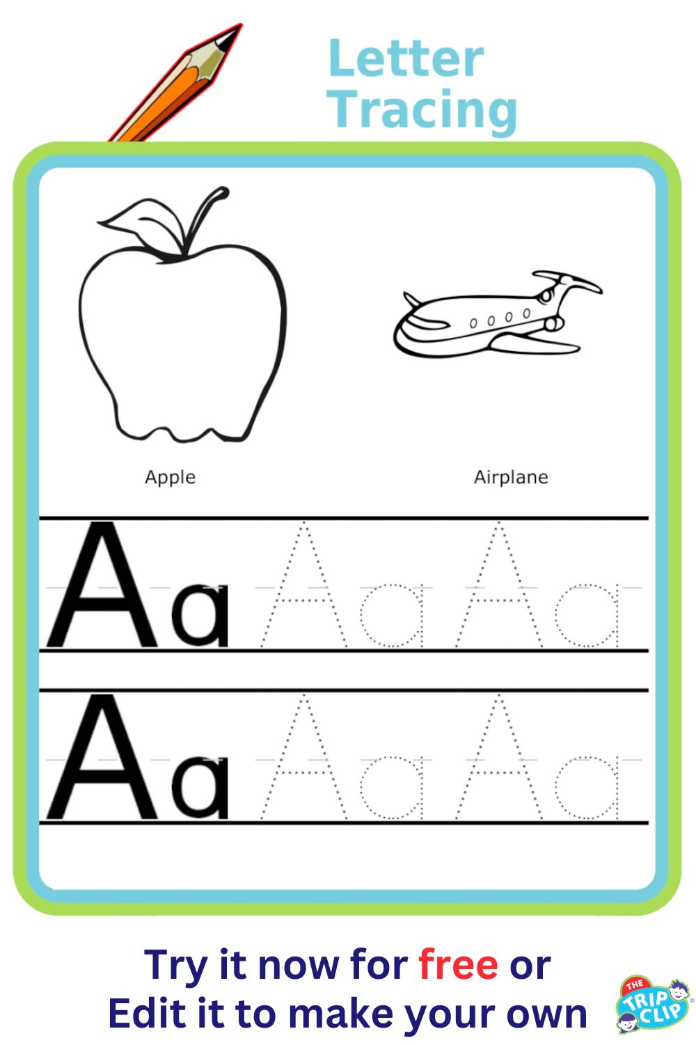 Capital A and lower case a, in dotted form twice for tracing, with a picture of an apple and an airplane to color