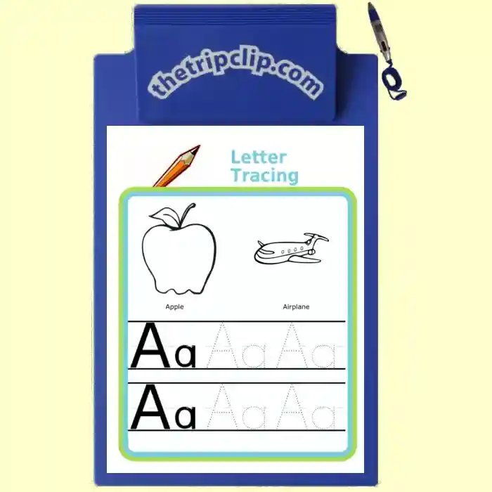 Printable lettertracing activity on a kid-sized clipboard with attached pen