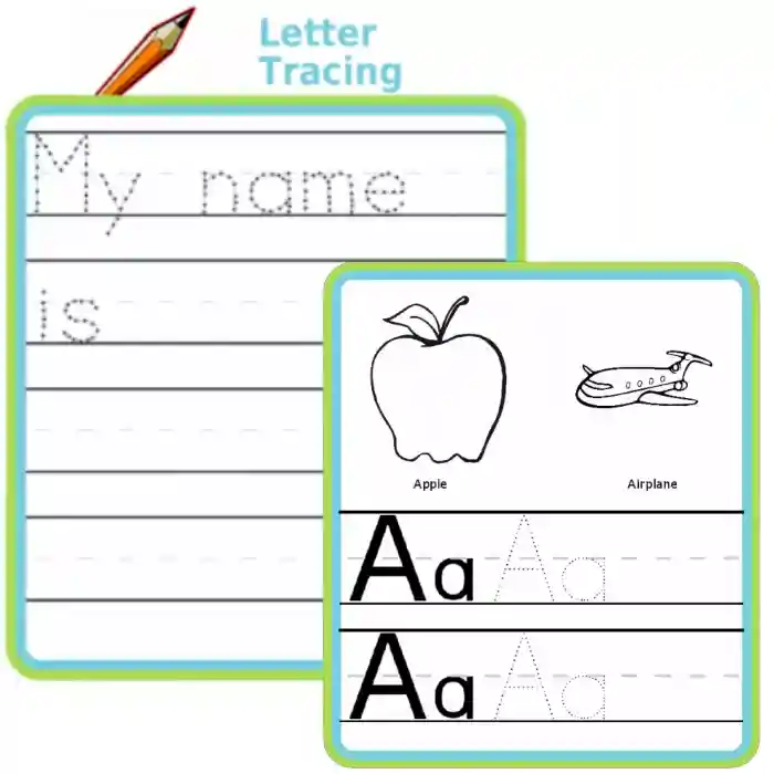 2 letter tracing worksheets: Apple, Airplane, Aa and My name iss
