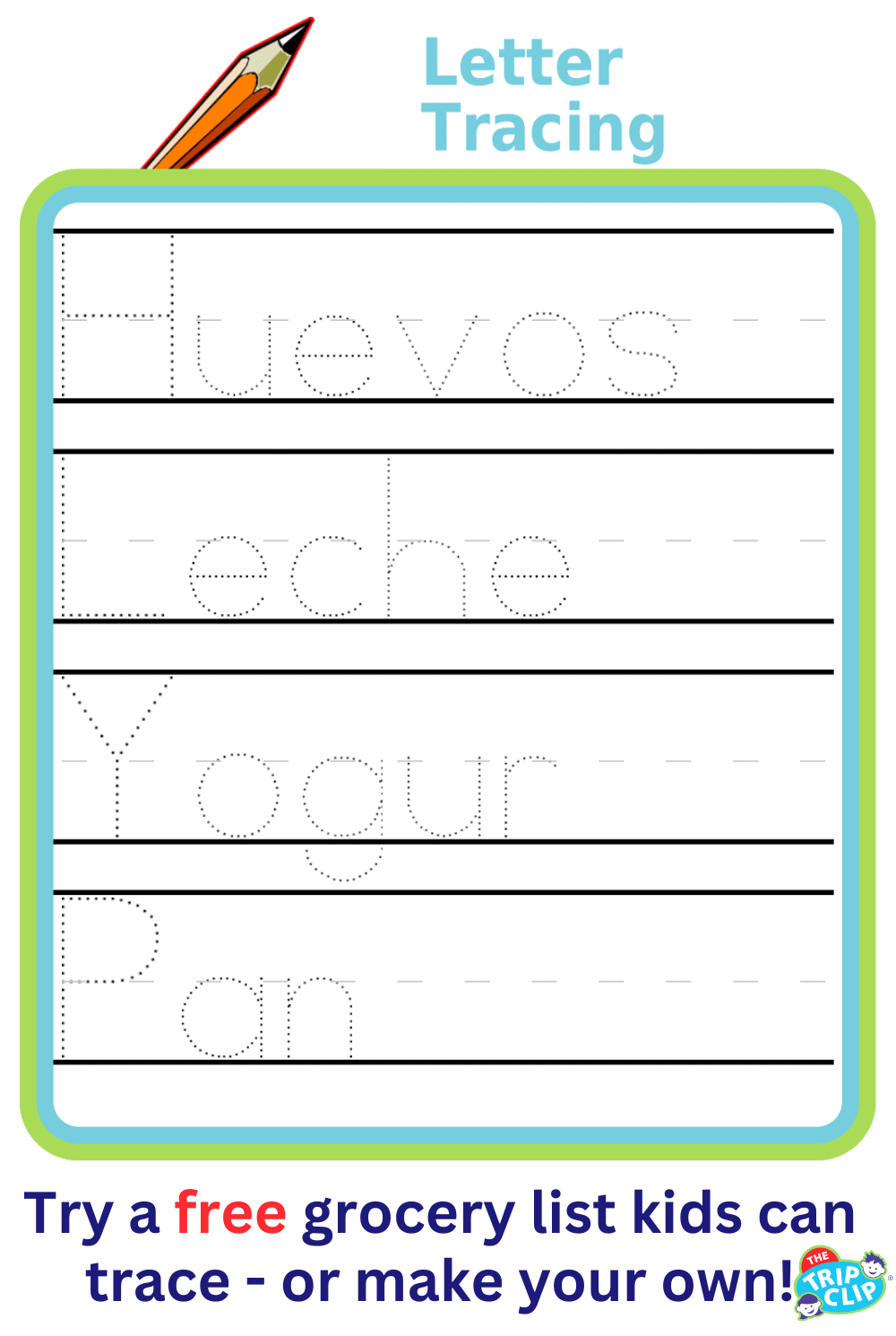 Grocery list tracing the words Huevos, Leche, Yogur, Pan
