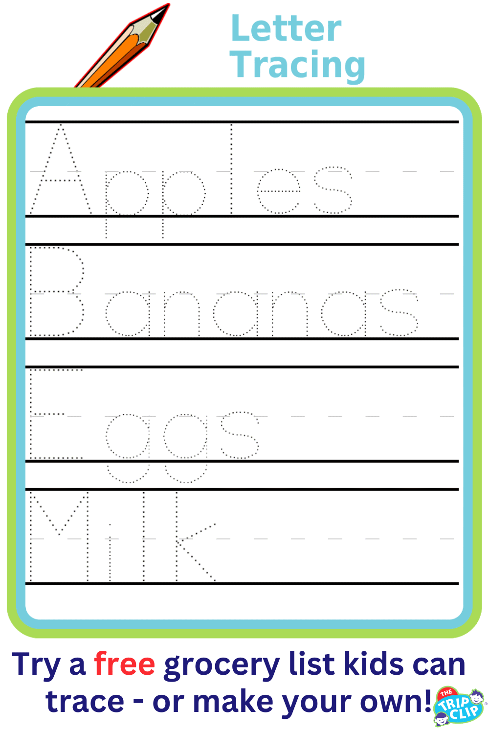 Grocery list tracing the words Apples, Bananas, Eggs, and Milk