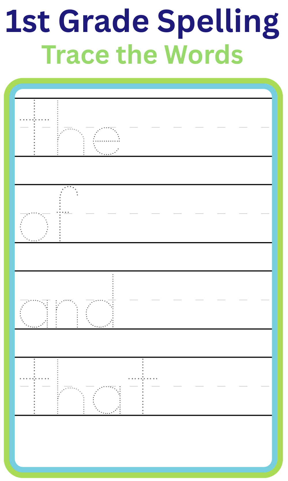 1st grade spelling practice tracing worksheet for the words the, of, and, and that