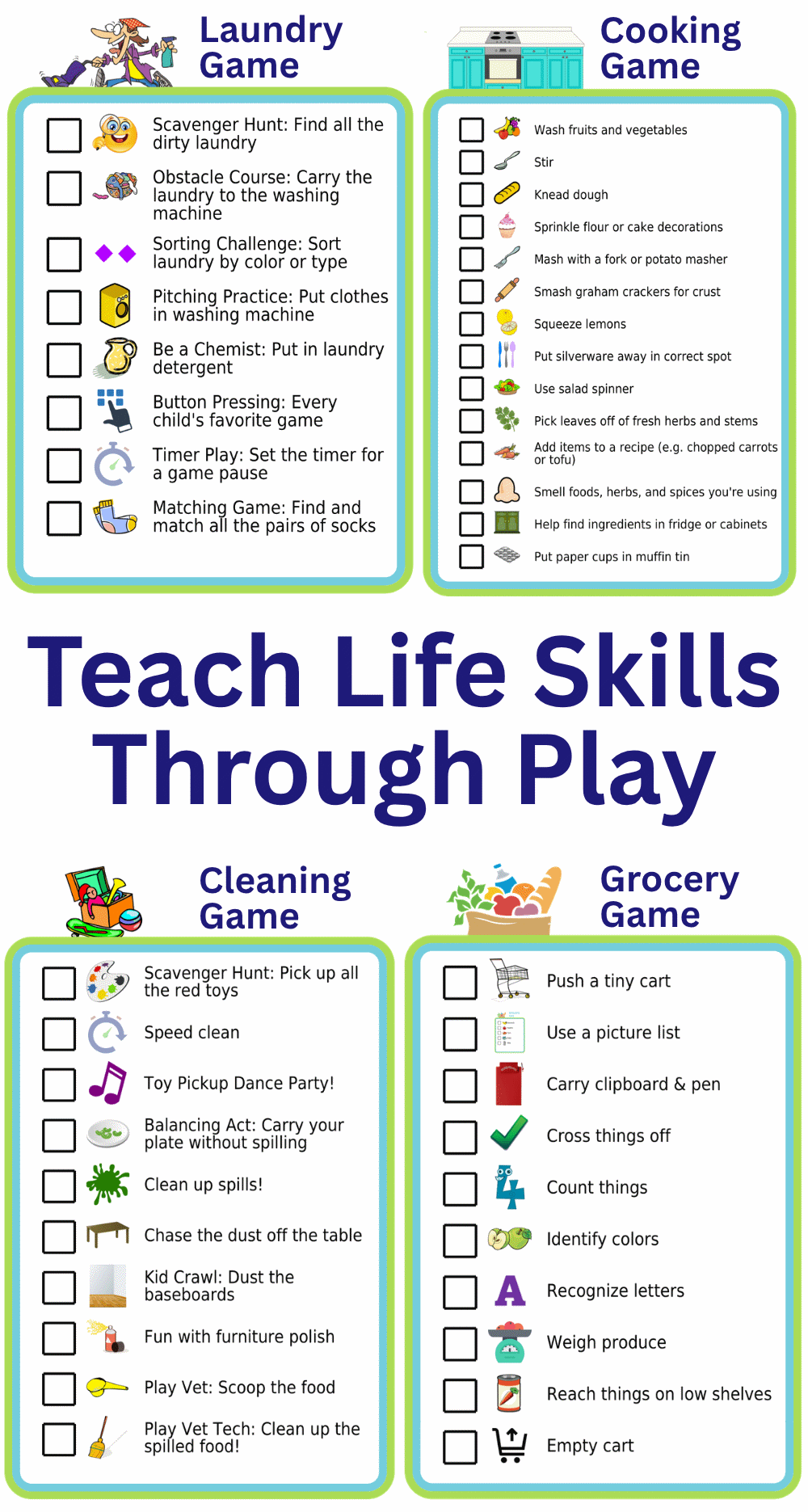 4 picture checklists: laundry game, cooking game, cleaning game, grocery game