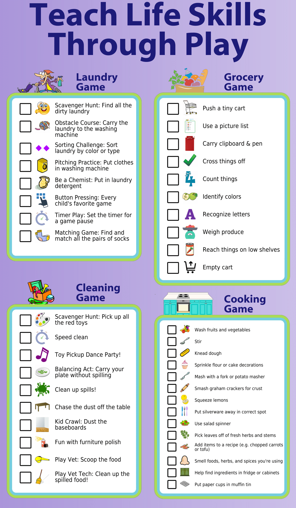 4 picture checklists: laundry game, cooking game, cleaning game, grocery game