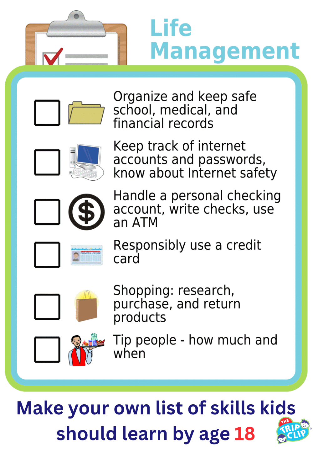 Picture checklists showing 6 life management skills for 18-year-olds