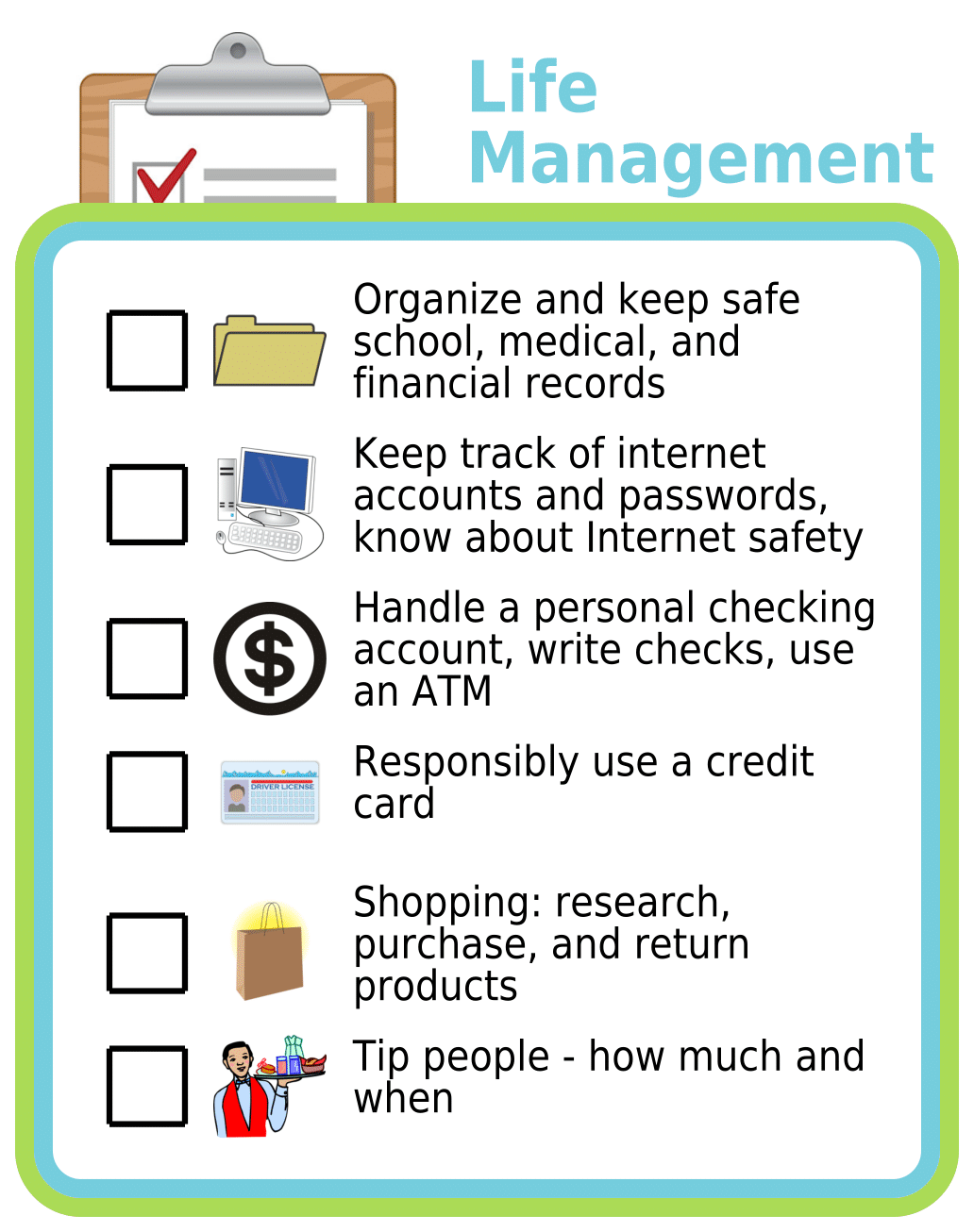 Picture checklists showing 6 life management skills for 18-year-olds