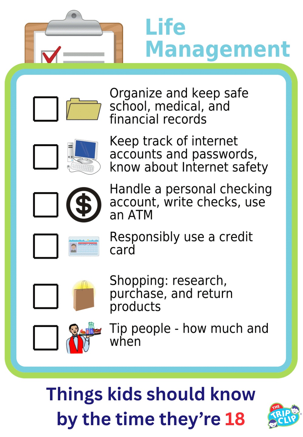 Picture checklists showing 6 life management skills for 18-year-olds