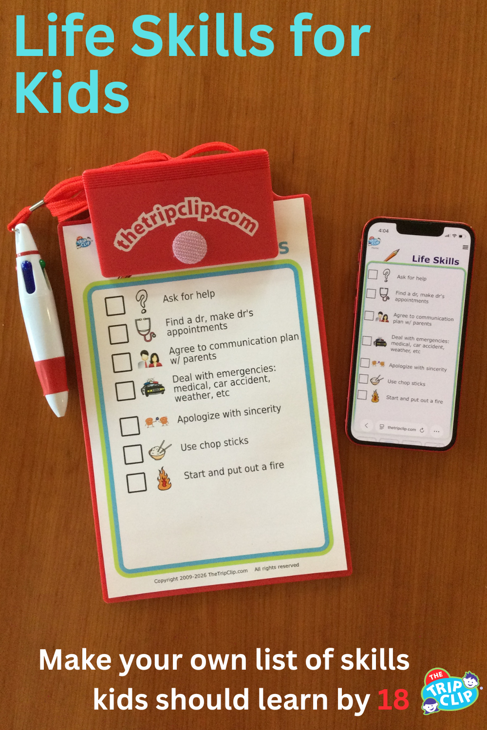 Picture checklists showing 7 life skills for 18-year-olds, shown on clipboard and iPhone