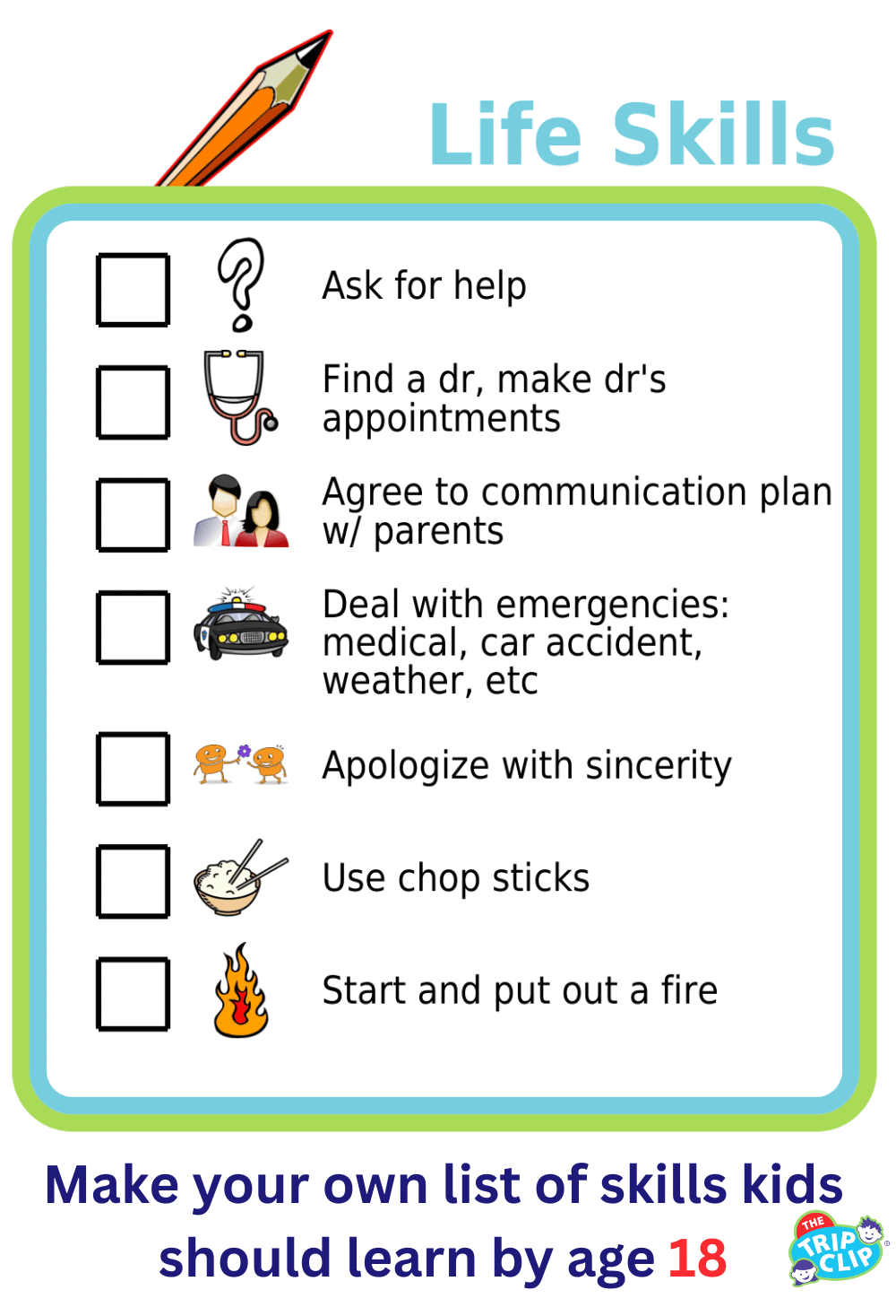 Picture checklists showing 7 life skills for 18-year-olds