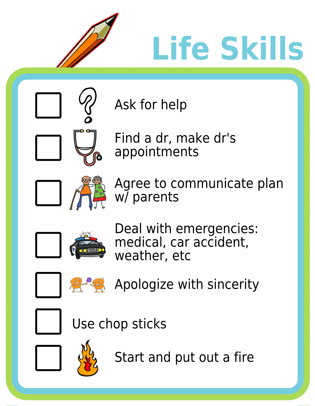 Picture checklists showing 7 life skills for 18-year-olds